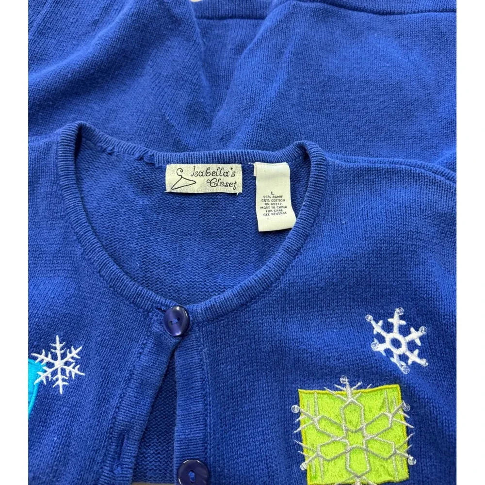 Isabella's Closet‎ Blue Snowman Snowflake Applique Cardigan Sweater Women's L